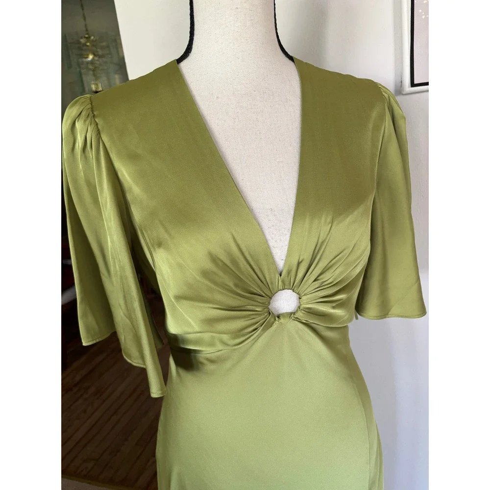 Abercrombie & Fitch Angel Sleeve O-Ring Satin Maxi Dress Sz S Lime Green Slit